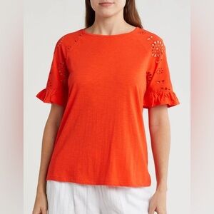 Caslon Vibrant Orange Res Eyelet Ruffle Sleeve Tee Size Small